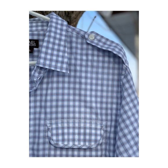 Michael Michael Kors Blue Plaid Button Up Shirt Roll Tab Sleeves Epaulets Sz L - Picture 5 of 6
